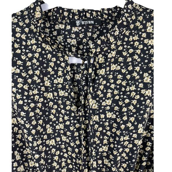 BTFBM Bohemian Black & Yellow Floral Smocked Waist Tiered Maxi Dress Size Medium - Picture 4 of 9